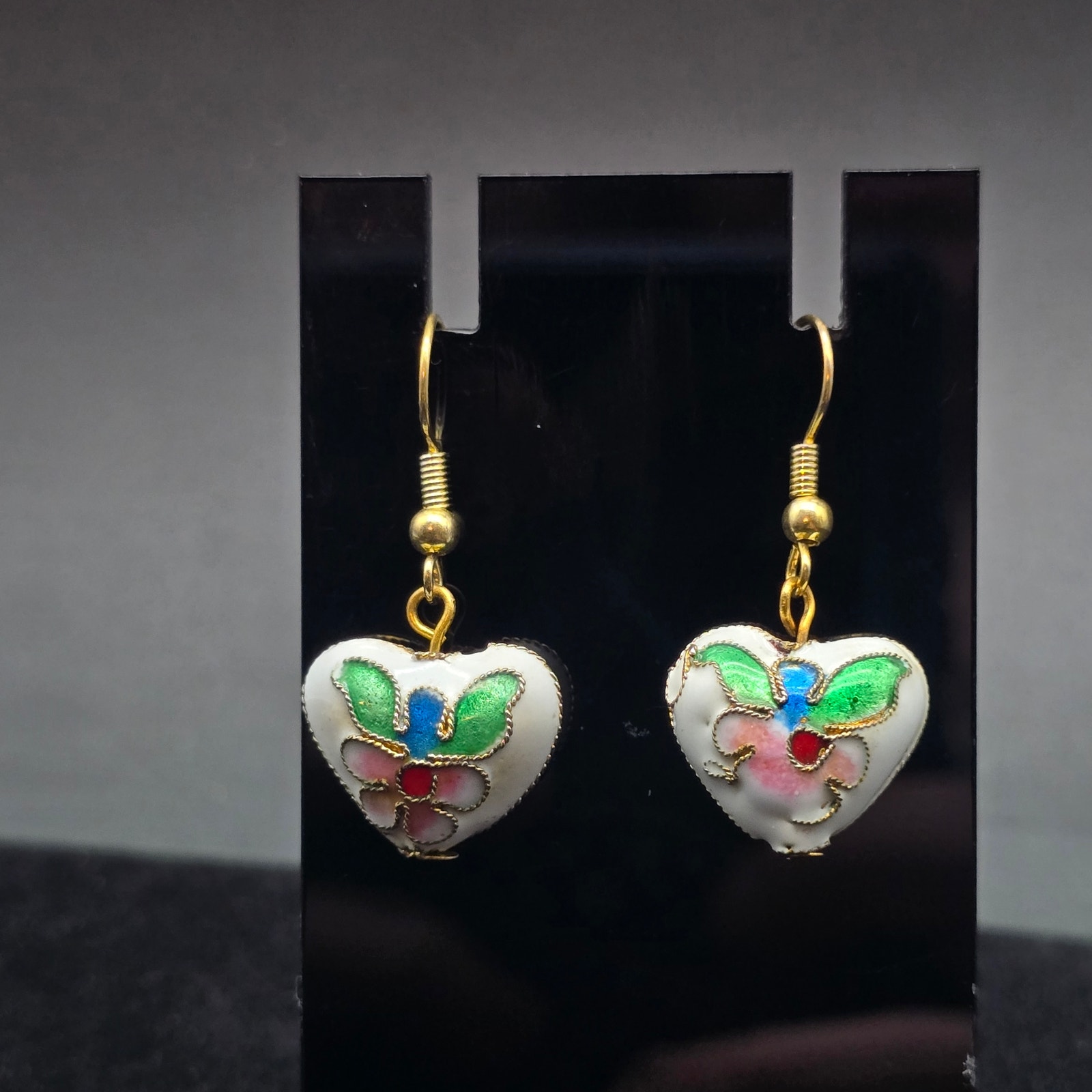 Cloisonne White Heart Earrings Pink Flowers Pierced Dangle Drop Charm